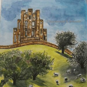 Pintura decorativa en acuarela. Arte bucólico, el campo, castillos y ovejas.